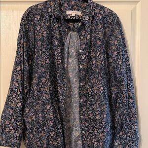 LOFT Navy Blue Floral Button-Front Blouse